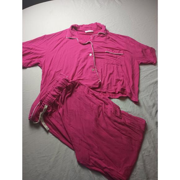 Stripe & Stare Medium Modal Pink 2 Piece Pajama Set Lounge Wear Pockets Button - Picture 1 of 8